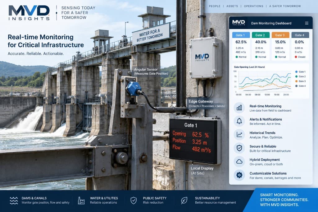 Dam gate position and water flow monitored through an edge gateway