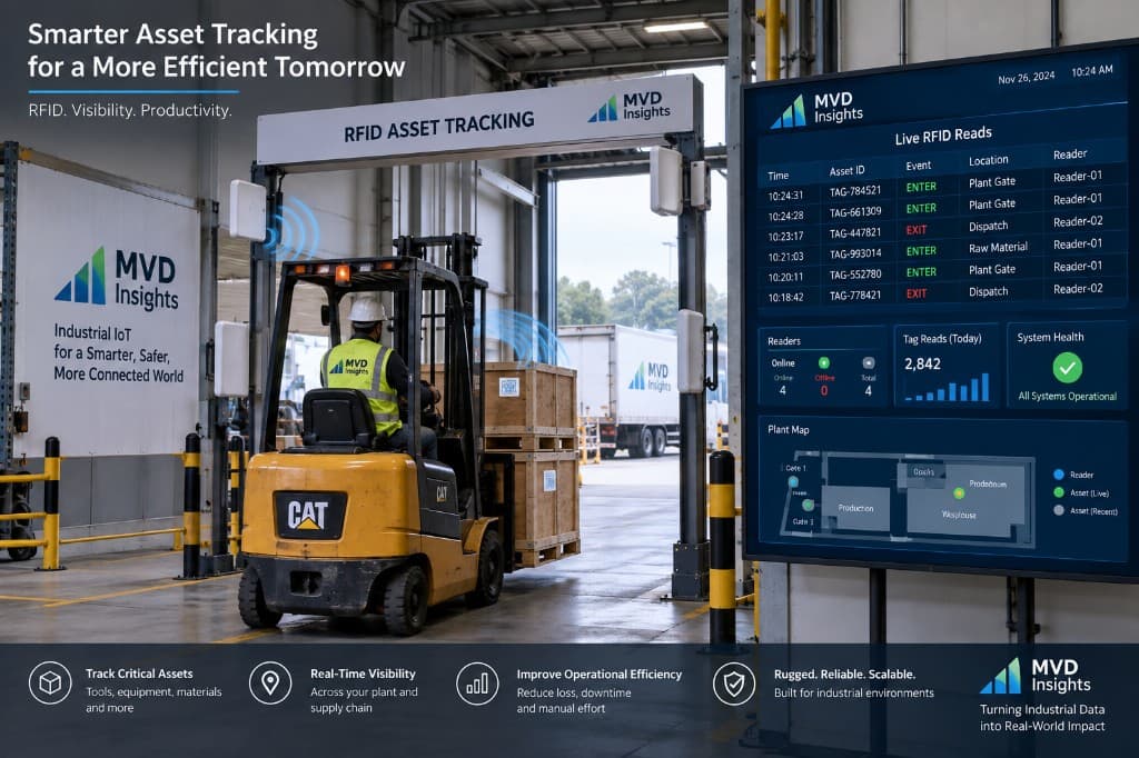 RFID-tagged assets moving through an industrial warehouse gate